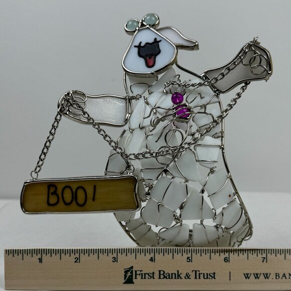 Vintage Halloween Stained Glass Ghost Candle Holder Boo Sign Chains 8.5" - Picture 11 of 12
